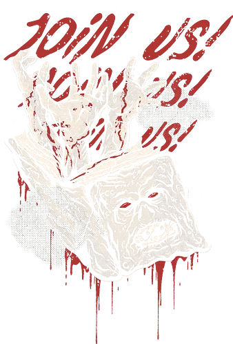 Join us - horror movies, green devil artwork, demons, zombies, 80s movies, necronomicon