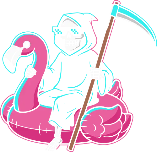 Grim Reaper Summer Vacay - Grim Reaper, flamingo floatie, funny skeleton, summer grim reaper, neon art, vaporwave, pixel sunglasses, ironic humor, spooky cute, t-shirt design, art print, cool graphic, dark humor, beach vacation, retro