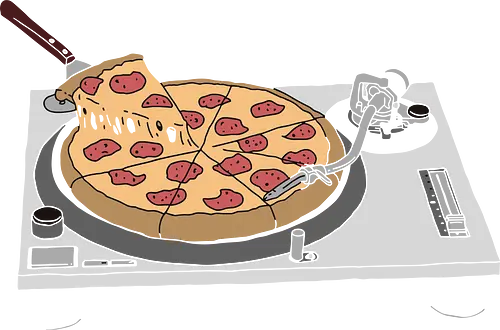Turntable Pepperoni - foodie gift, t-shirt design, art print, pop culture mashup, 70s nostalgia, Pizza, turntable, vinyl, record player, DJ, music lover, food art, funny graphic, clever design, retro music, pepperoni