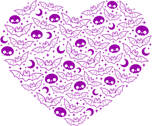 Kawaii Goth Bat Heart - bats, skulls, love, heart, kawaii goth, cute goth, purple, pink, pattern, doodle, creepy cute, spooky cute, dark, gothic