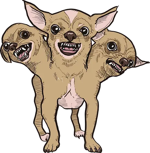 Cerberus Dog - Chihuahua, Cerberus, three-headed dog, mythology, funny dog, weird art, ironic humor, dog lover gift, t-shirt design, art print, cute but fierce, hell hound, weird core, unique graphic