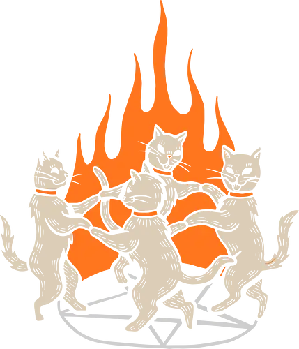 Cats Summoning Chaos - Witch cat, summoning, occult, pentagram, cats dancing, funny cat, witchcraft, spooky, Halloween, cat lover gift, t-shirt design, art print, macabre humor, wicca, orange flame, ritual