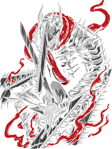  chainsaw Armor's Rage - Dragonslayer, fan art, t-shirt design, art print, cool anime art, geek art, stylish, gritty, intense, Black Swordsman, struggle, manga, anime, dark fantasy