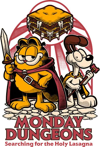 Monday Dungeons Lasagna - Cat, comic, cartoon, fast food, orange cat, lasagna, food, adventure, fantasy, rpg, Pen and Paper, pet, Dungeon, Role-play, Role-playing, Dice, D20, Pen and Paper, Dog, Warrior, Knight, Wizard, Sorcerer, fun, funny, Food, dungeon master, role-playing game, tabletop, game master, Pen and Paper, Pen and paper