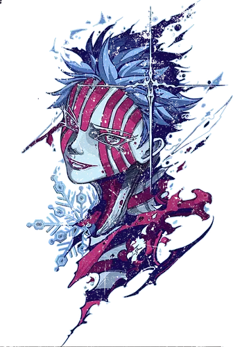  Ice and Stripes (Akaza) - Akaza, Slayer, Upper Rank Three, Twelve Kizuki, anime, manga, fan art, t-shirt design, art print, distressed graphic, cool anime villain, geek art, stylish, ice, snowflake, blue and pink.