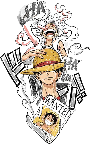 Monkey D. pirate: Gear 5 Evolution - Monkey D. Luffy, Gear 5, Sun God Nika, Pirate, anime, manga, fan art, t-shirt design, art print, Straw Hat Pirates, Wanted poster, cool anime art, geek art, stylish, transformation, distressed, Shonen.
