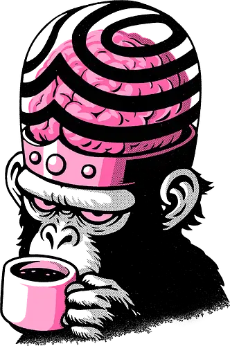 Mad Monkey Coffee Break - funny, humor, coffee, caffeine, monkey, brain, pop art, retro, vintage, cartoon, sarcastic, witty, cool design, gift idea, caffeine addict, morning coffee, geek art, coffee lover, tired but smart, ironic, weird art, bold illustration, pink aesthetic, streetwear, trendy, mad monkey, caffeine fuel, funny animal art, smart ape