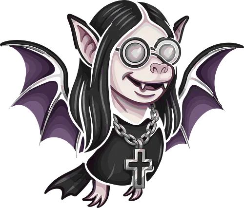 Batty Osbourne (Prince of Darkness Bat) - heavy metal, fan art, t-shirt design, art print, Halloween, Ozzy Osbourne, Black Sabbath, cartoon bat, funny rock, Prince of Darkness, spooky cute, celebrity caricature, music humor, iconic glasses