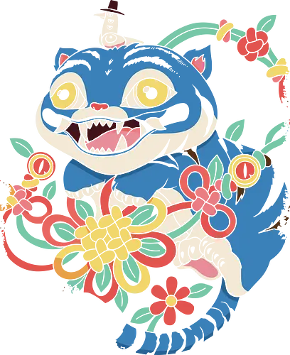 Blue Tiger Cat - K-Pop warrior cat, Korean folk art, blue tiger, tiger cat, K-Pop fan art, quirky cat, stylized animal, unique graphic, t-shirt design, art print, Asian mythology, whimsical, colorful floral, pop culture