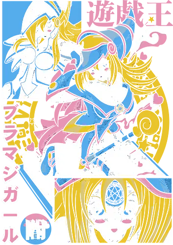  DMG: Pastel Duel - art print, pastel pop art, cool anime girl, retro anime, Duel Monsters, halftone, kawaii., Dark Magician Girl, DMG, Yu-Gi-Oh, Yugioh, anime, trading card game, TCG, fan art, t-shirt design