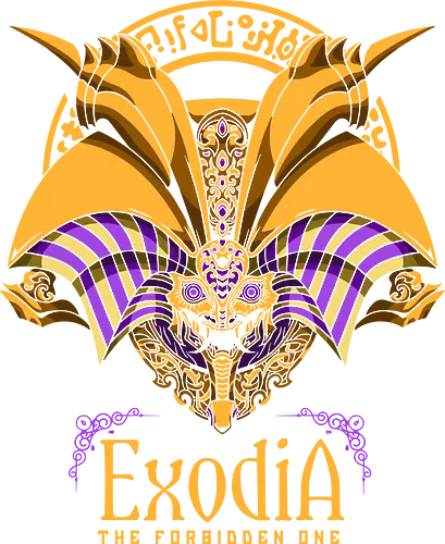 Exodia The Forbidden One: Pharaoh's Seal - Exodia The Forbidden One, Yu-Gi-Oh, Yugioh, TCG, Egyptian God, pharaoh, anime, manga, fan art, t-shirt design, art print, gold and purple, powerful monster, geek art, iconic, Egyptian mythology, nostalgic.