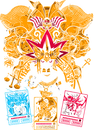 Yami Yugi and the Egyptian Gods - Yami Yugi, Pharaoh, Egyptian God Cards, Yu-Gi-Oh, Yugioh, Slifer, Obelisk, Winged Dragon of Ra, anime, manga, TCG, fan art, t-shirt design, art print, epic anime, geek art, iconic, Egyptian mythology.