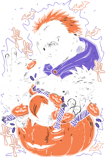Trick or Treat Sorcerers - spooky cute, geek art, chibi, seasonal., Jujutsu, JJK, Halloween, Yuji Itadori, Megumi Fushiguro, Nobara Kugisaki, anime, manga, fan art, t-shirt design, art print, jack-o-lantern, trick or treat