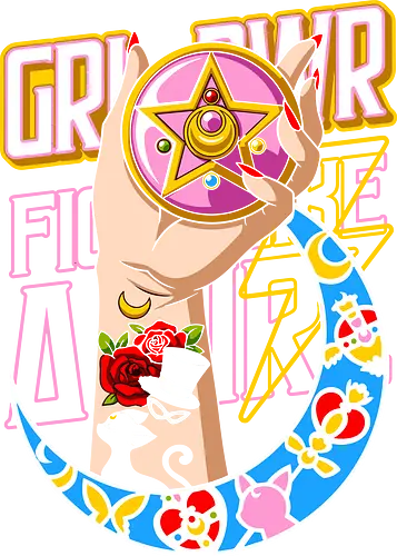  Moon Power Girl Boss - Sailor, Girl Power, GRR PWR, magical girl, anime, manga, fan art, t-shirt design, art print, neo-traditional tattoo, aesthetic, pink compact, crescent moon, empowering, nostalgic, cool anime girl.