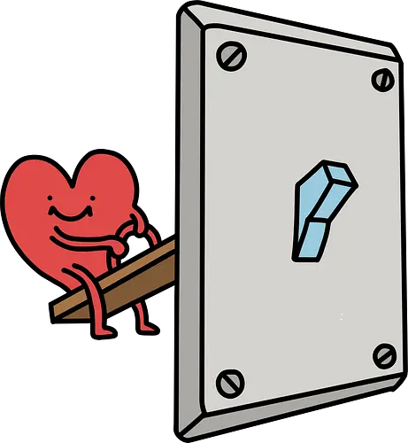Turning Love On - Love switch, turning on love, heart cartoon, funny relationship, emotional effort, commitment, light switch, whimsical, quirky humor, t-shirt design, art print, minimalist, love graphic, sweet, expressive