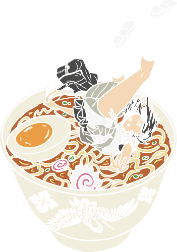 The Deep End of the Ramen Bowl - Ramen anime girl, funny ramen, anime maid, foodie humor, whimsical, cute anime, t-shirt design, art print, Japanese food, pop culture, geek art, noodle lover, quirky, narutomaki.