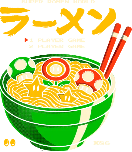 Super Ramen World - super ramen world, geek ramen, geek art, gamer art, japanese art, mario parody, geek illustration, ramen bowl, pop culture, retro illustration, pixel art, fun design, gamer shirt, noodle art, power-up ramen