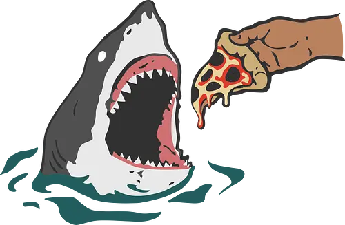  Pizza Bait - Shark pizza, funny shark, Jaws parody, food humor, weird art, pepperoni, funny graphic, t-shirt design, art print, great white shark, pop culture mashup, ocean, beach humor, foodie, clever art