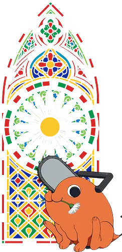  Holy Chainsaw Devil - Pochita, Chainsaw, Chainsaw Devil, stained glass, church window, anime, manga, cute, wholesome, fan art, t-shirt design, art print, religious parody, unique anime art, Denji, geek art