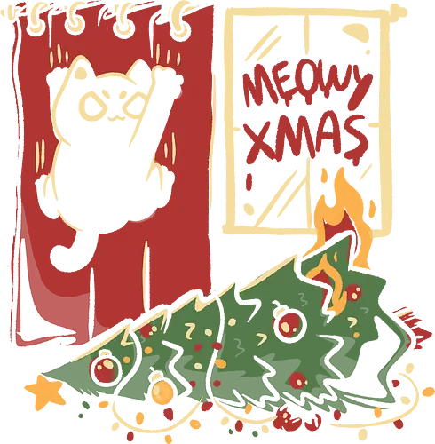 Meowy Xmas Cat - eduely, ely, xmas, christmas, christmas tree, chaos, mess, black cat, cat lover, funny cat, mischief, festive, ironic