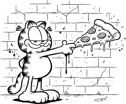Graffiti Orange Cat's Slice - Orange Cat, pizza, comic strip, nostalgic, cartoon cat, funny pizza, pepperoni, graffiti art, street art, black and white, minimalist, fan art, t-shirt design, art print, pop culture, food humor