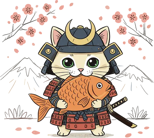  Samurai Cat and the Golden Catch - Samurai cat, cat warrior, cute samurai, Japanese art, kawaii, koi fish, cherry blossom, Sakura, cat lover gift, t-shirt design, art print, warrior kitty, historical humor, Japan culture, feline
