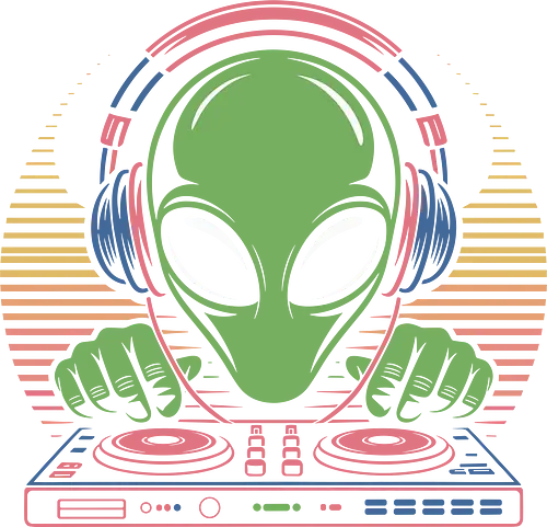 Alien DJ - alien dj, neon alien graphic, retro sci-fi, 80s style, unique alien, concert, for music fans, alien dj, music lover, sci-fi graphic