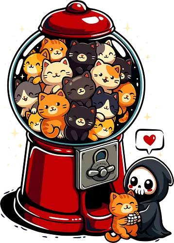 Gumball Grim Cats - gumball, gumball machine, funny, funny tee, cute, aesthetic, illustration, awesome, cats, kitty, grim, grim reaper, love, lm2kone, cat, candy, geek