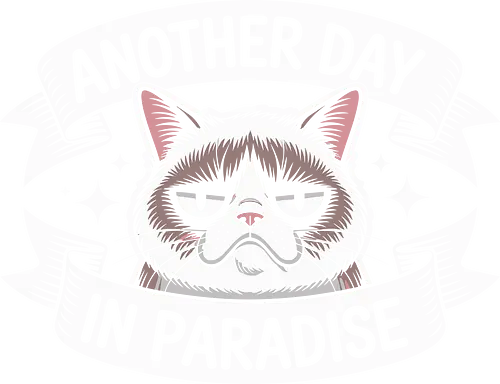 Another Day in Paradise Cat - grumpy cat art, sarcastic paradise design, funny cat print, cat lover design, playful ribbon graphic, humorous cat illustration, unique cat art, gift for cat fans, black and white cat design, starry cat print
