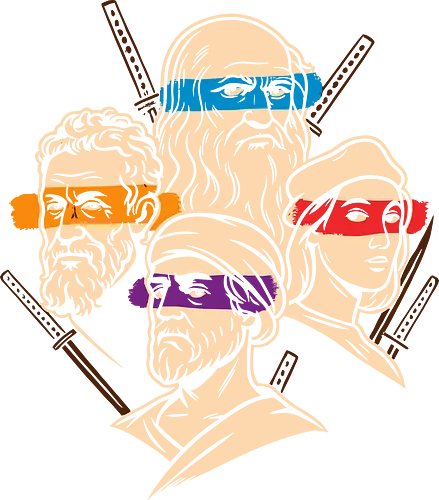 Renaissance Mutant Ninja Thinkers - Teenage Mutant Ninja Turtles, TMNT, Renaissance, artists, philosophers, Leonardo da Vinci, Michelangelo, Donatello, Raphael, parody, mashup, intellectual humor, art history, pop culture, graphic tee, unique design, geek shirt, smart casual, fan art, funny shirt, clever design, academic fashion
