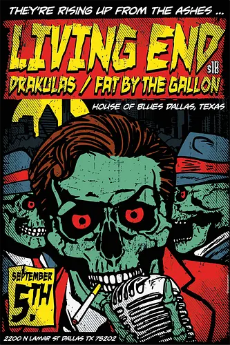 The Living End - House of Blues Dallas Show - The Living End, australischer Punkrock, House of Blues Dallas, Underground Kunst, Sammlerposter, alternativer Rock, Horror Punk, Rockabilly, Chris Cheney, Scott Owen, Andy Strachan, Konzertposter, Underground Kultur, Loja MacacoRato, Retro Design