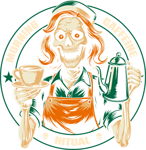 Caffeine Ritual - coffee, caffeine, halloween, skull, funny, spooky, ritual, barista, humor, dark, espresso, cartoon, parody, creepy, unique, death, morning, quirky, addict, brew