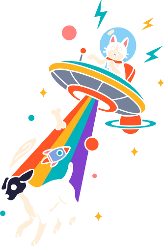 Cosmic Abduction - cat, dog, UFO, space, rainbow, abduction, extraterrestrial, flying saucer, cartoon, cosmic