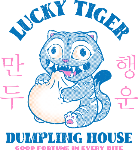 Lucky Tiger Dumpling House - cat, anime, derp, dumpling, food, foodie, funny, korean, kpop, lucky, mashup, parody, retro, tiger, vintage