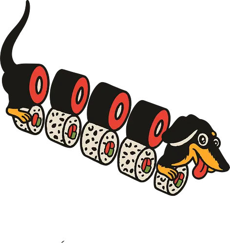 Wiener Roll - Dachshund, sushi, dog, sausage dog, wiener dog, art print, t-shirt design, funny, cute, humorous, food art, animal lover gift, Japanese food, minimalist, dog lover, pet owner, sushi lover