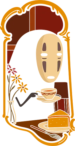 Afternoon Tea with  - Spirited Away, famous anime, anime, manga, art print, t-shirt design, Hayao Miyazaki, fan art, Japanese animation, tea, cute, minimalist, serene, geek art, movie fan gift