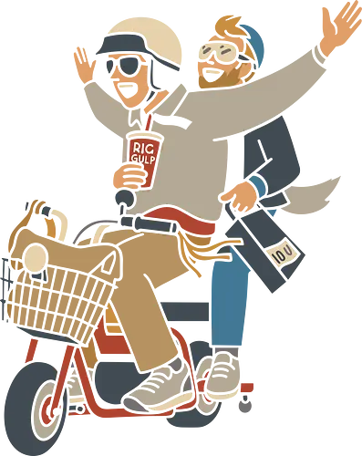 On a Moped for a Good Time - Moped, adventure, friends, fun, Big Gulp, retro, stylish, unique art, cool, art print, t-shirt design, urban adventure, hipster, minimalist, funny, pop culture