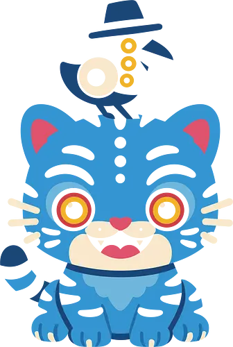 Cat and Bird Duo - Cute cat, blue cat, bird, top hat, animal art, whimsical, quirky, fantasy, art print, t-shirt design, fan art, pet lover gift, cartoon, fun, modern art, creature art