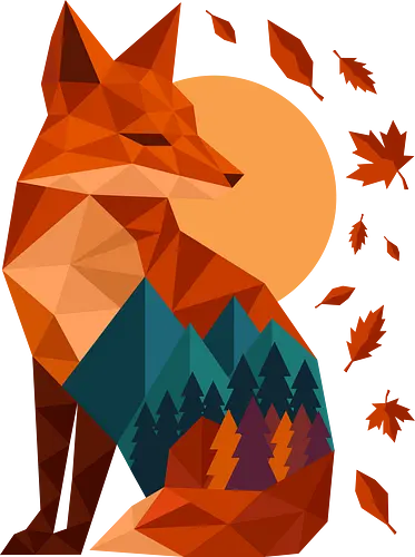 Geometric Fox Under Autumn Moon - fall, abstract, autumn, autumn leaves, autumn season, colorful, fall vibes, fox, geometric, lanscape, moon, mountain, nature, travel, outdoors