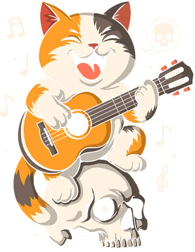Rock ‘n’ Skull Cat - cat with guitar, cartoon music art, rock cat, skull cat, halloween cat, funny cat art, spooky music design, guitar cat, rock and roll kitty, creepy cute art, cartoon skull, cat illustration, rock vibes, spooky season cat, music lover design, halloween humor, adorable horror art, funny spooky cat, quirky halloween style