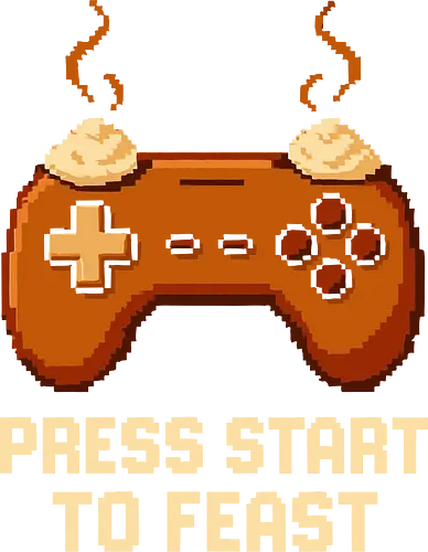  Press Start to Feast - geek art, t-shirt design, art print, funny, sarcastic, geek, gaming, video game, pixel art, retro gaming, controller, food, feast, gamer, nerd, 8-bit, nostalgia