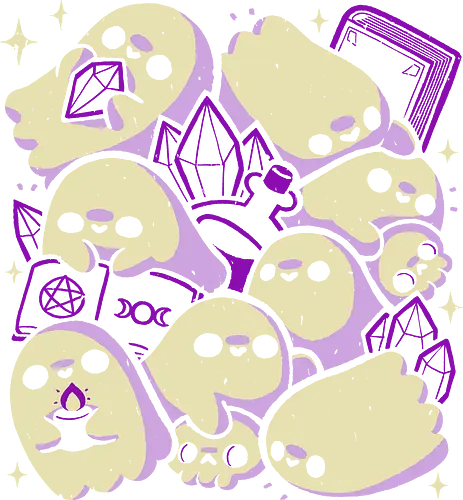Spooky Cute Ghosts and Witchcraft - occult, doodle, whimsical, xmorfina, witchcraft, ghosts, ghost, spooky cute, creepy cute, witch, crystal, black magic, purple, spellbook, skull