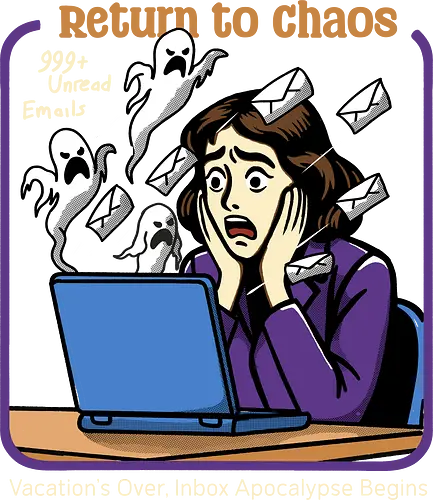 Return to Chaos - digital ghosts, corporate life, relatable, office humor, back to work, haunted inbox, ghost emails, spooky office, return to chaos, work stress, vacation over, email overload, halloween vibes, work life balance, funny work art