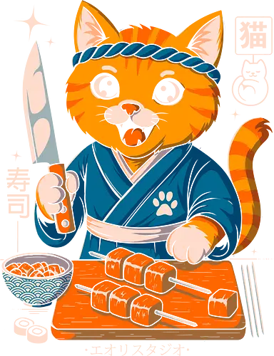 Sushi Cat Samurai - manga, japan, japanese, kawaii, illustration, design, funny, humor, adorable, cute, exclusive, unique, cat, sushi, sushicat, funnycat, kitty, chefcat, anime, artprint, streetwear, poster, tshirt, sticker, mug, collectible, quirky, weirdcool, otaku, weeb, ramen, foodie, geek, nerd, indieartist, trend, modern, stylish, art, artwork, digitalart, popart, creative, collector, limited, statement