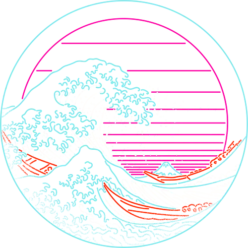 Great Neon Wave Circle - great wave off kanagawa, great wave, the great wave, 1980s, retro, retrowave, vaporware, ocean, waves, japan