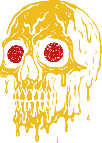 Melty Skull Eyes - cool, macabre, alternative fashion, Melting skull, skull art, retro horror, punk rock, grunge, edgy art, Halloween, yellow skull, red eyes, dripping, graphic design, t-shirt design, art print
