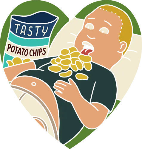 My Heart Belongs to Chips - Bobby Hill, King of the Hill, potato chips, funny, humor, snack lover, fan art, t-shirt design, art print, heart, eating, cartoon, pop culture, Mike Judge, retro cartoon, geek humor