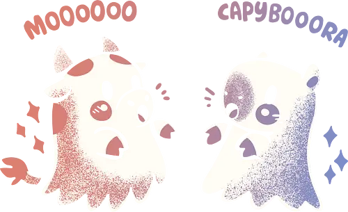 Spooky Capy and Cow  - cow, ghost cow, ghost capybara, Halloween, cute, ghosts, animals as ghosts, pun, wordplay, Kuh, Geisterkuh, Geistercapybara, gruselig, spooky, capybara