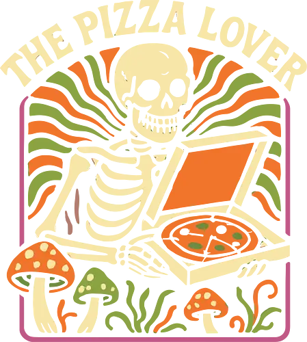 The Groovy Pizza Lover - spooky pizza, Pizza lover, skeleton, groovy, 70s retro, psychedelic, funny, mushroom, Halloween, food art, t-shirt design, art print, vintage style, macabre humor, cool graphic, unique skeleton