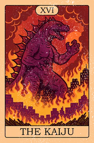 The Kaiju Tarot Card  - halloween, card, destruction, funny, geek, horror, lizard, mashup, monster, nerd, nostalgia, parody, reptile, sci fi, tarot